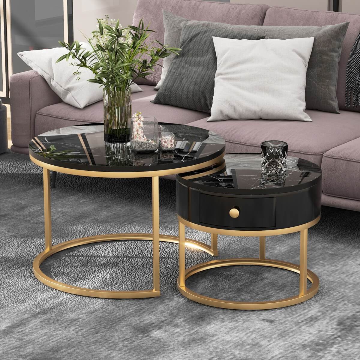 Set of 2 Round Nesting Coffee Tables with Drawer - Marble Effect Tops and Gold Metal Frames, Living Room Side Tables