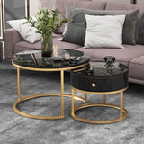 Set of 2 Round Nesting Coffee Tables with Drawer - Marble Effect Tops and Gold Metal Frames, Living Room Side Tables