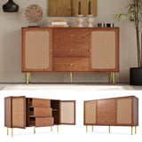 Rattan Sideboard Cabinet – Walnut Storage Unit with 2 Doors and 3 Drawers