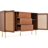 Rattan Sideboard Cabinet – Walnut Storage Unit with 2 Doors and 3 Drawers