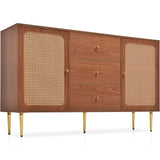 Rattan Sideboard Cabinet – Walnut Storage Unit with 2 Doors and 3 Drawers