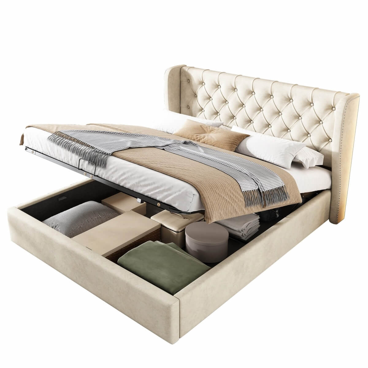 4ft6 Double Velvet Storage Bed with Hydraulic Lift - Upholstered Bed Frame, Beige