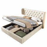 4ft6 Double Velvet Storage Bed with Hydraulic Lift - Upholstered Bed Frame, Beige