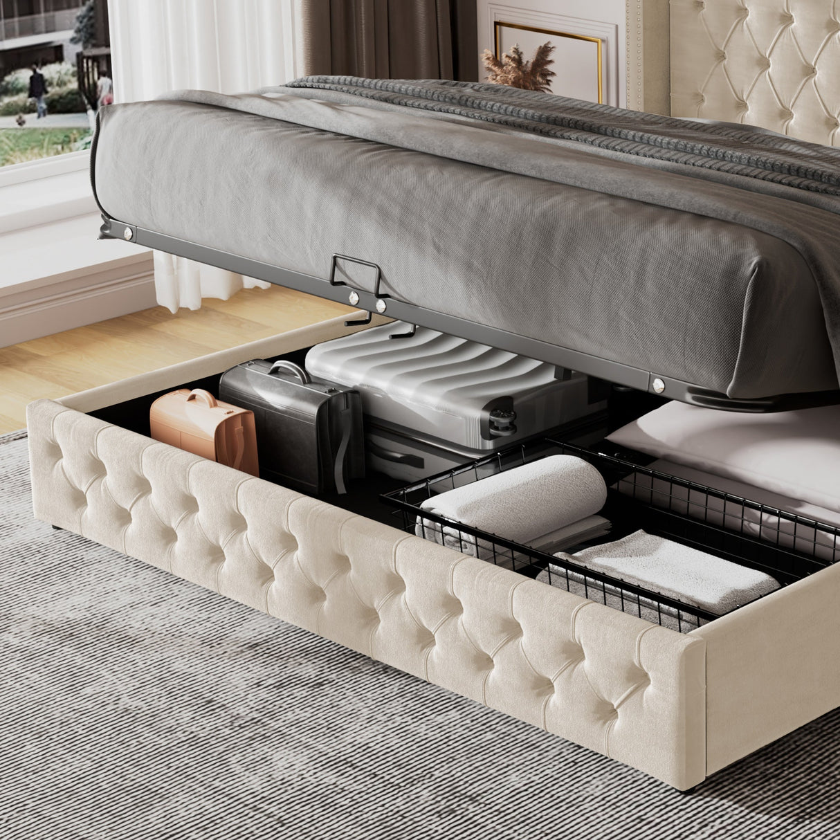 Upholstered Bed, 135x190cm, Hydraulic Lift with Storage, Velvet Beige