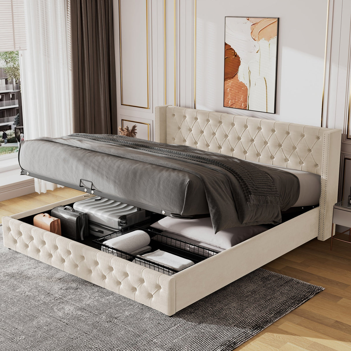 Upholstered Bed, 135x190cm, Hydraulic Lift with Storage, Velvet Beige