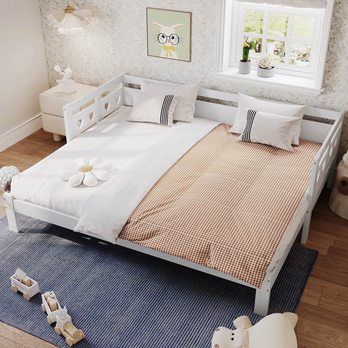 Daybed Cabin Bed Wooden 3FT Single Sofa Guest Bed with Pull-out Trundle, Heart-Shaped, White Wood