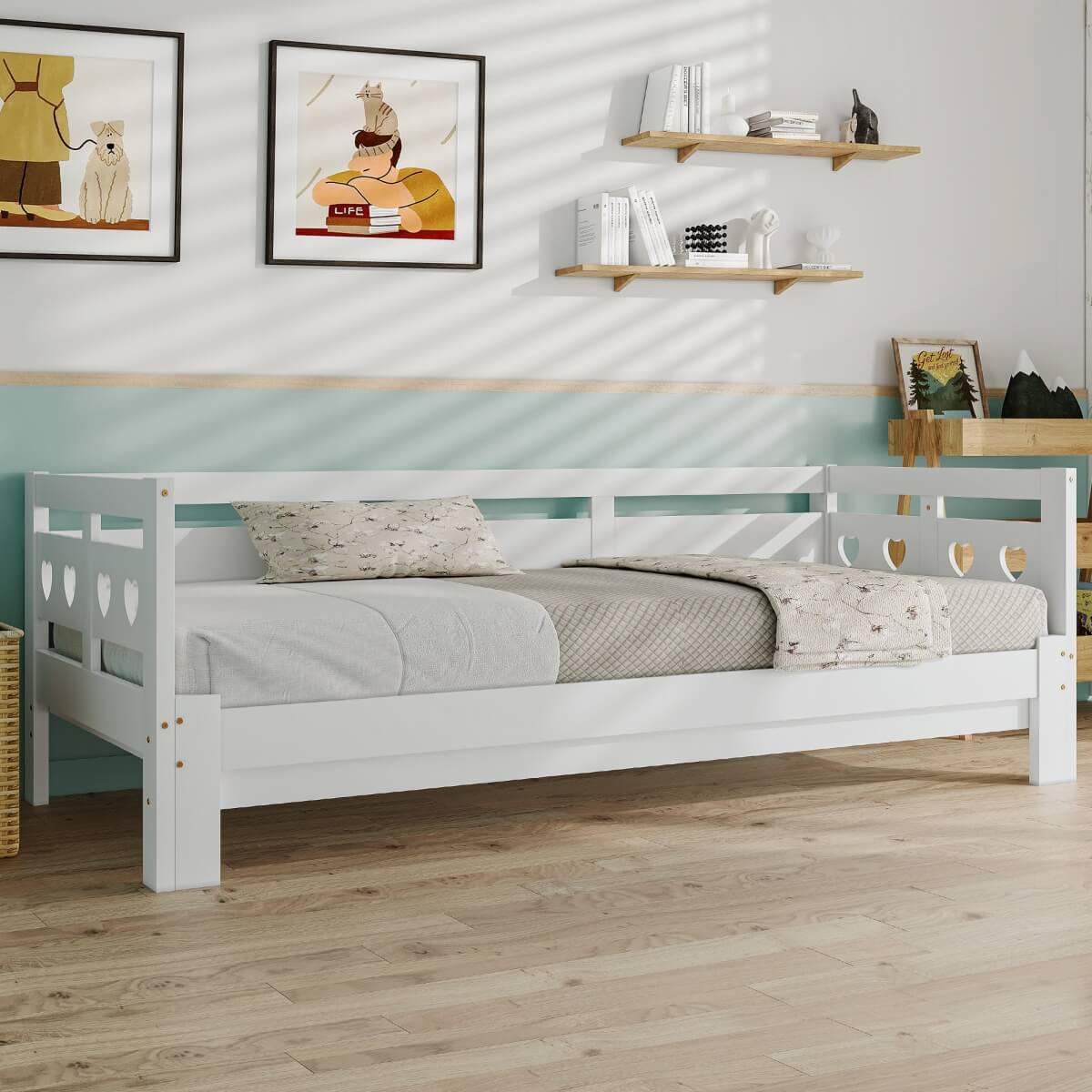 3ft Wooden Daybed with Trundle - Heart Design, Single Guest Bed, White
