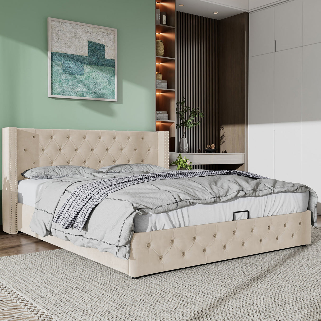 Upholstered Bed, 135x190cm, Hydraulic Lift with Storage, Velvet Beige