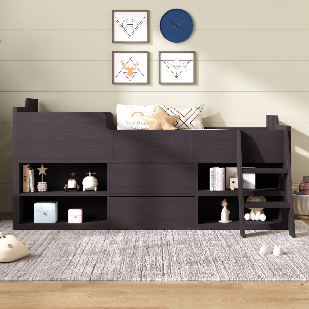 Cabin Bed Mid Sleeper with Drawers & Shelf Storage, 3ft Single Wooden Frame
