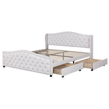 4ft6 Double Upholstered Bed – White Faux Leather Bed Frame with 2 Storage Drawers and Riveted Headboard