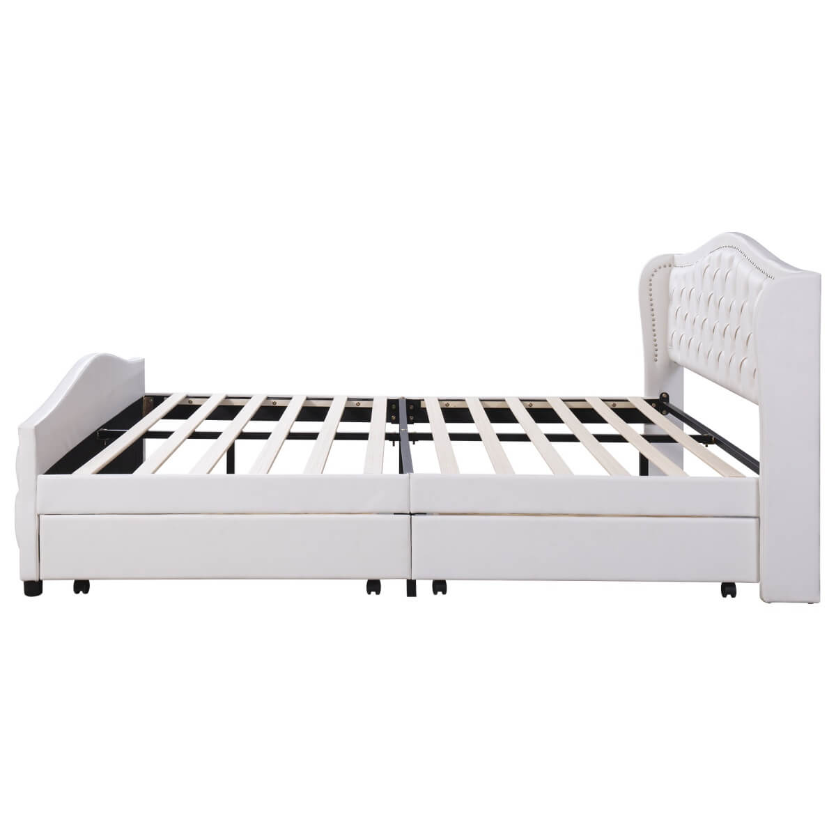 4ft6 Double Upholstered Bed – White Faux Leather Bed Frame with 2 Storage Drawers and Riveted Headboard