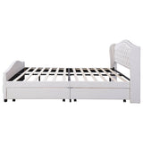4ft6 Double Upholstered Bed – White Faux Leather Bed Frame with 2 Storage Drawers and Riveted Headboard