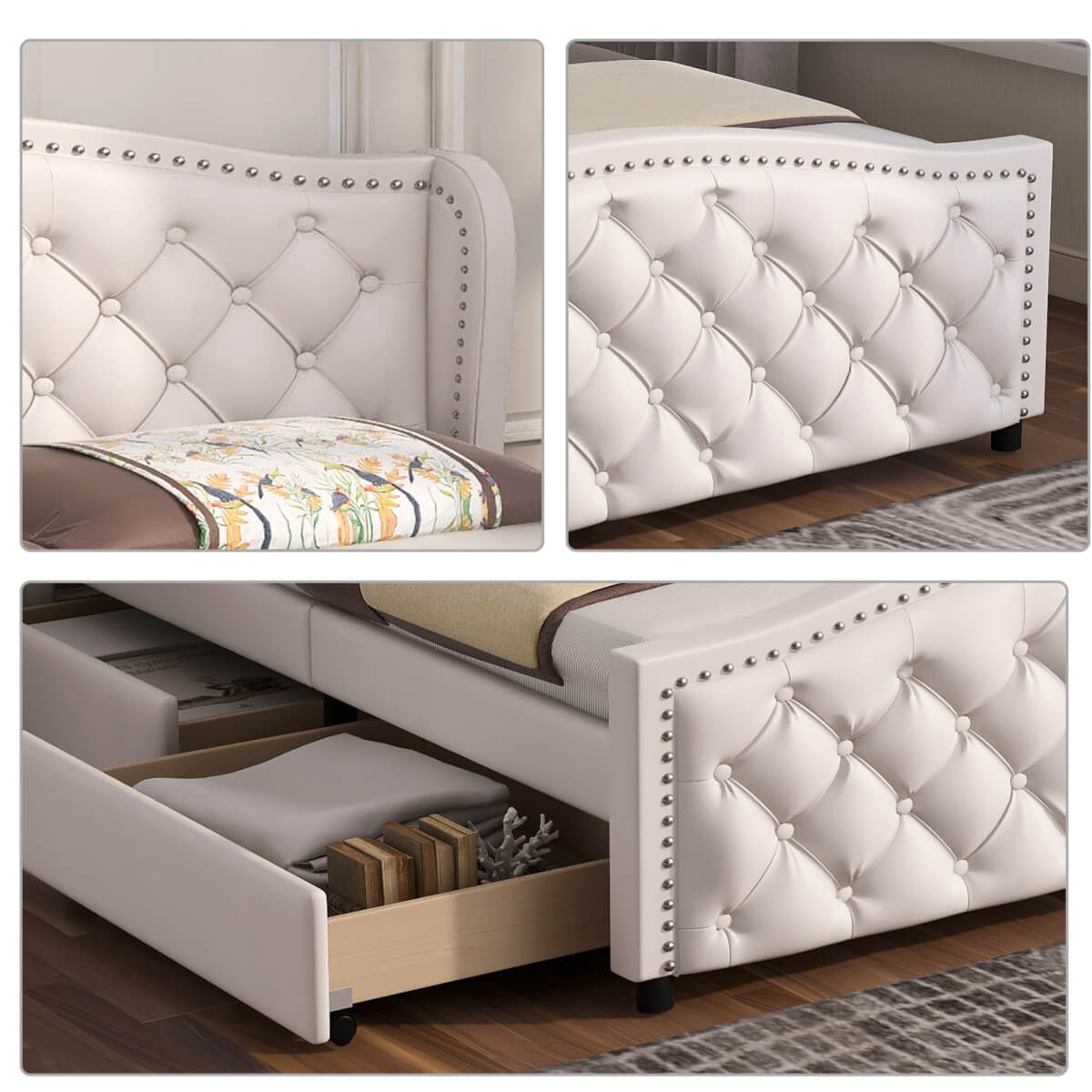 4ft6 Double Upholstered Bed – White Faux Leather Bed Frame with 2 Storage Drawers and Riveted Headboard