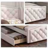 4ft6 Double Upholstered Bed – White Faux Leather Bed Frame with 2 Storage Drawers and Riveted Headboard