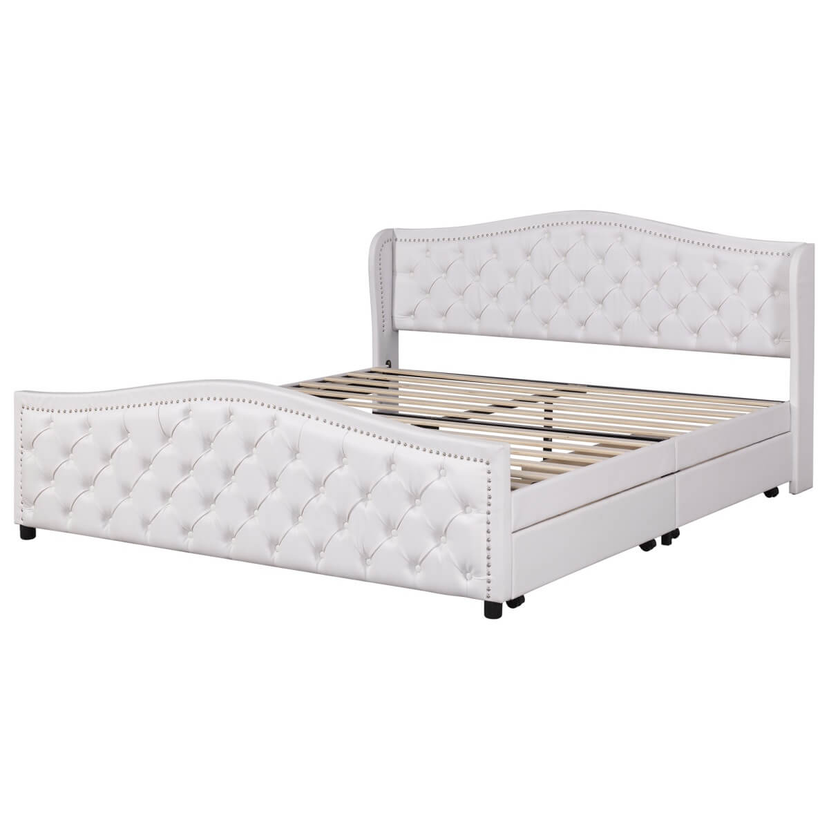 4ft6 Double Upholstered Bed – White Faux Leather Bed Frame with 2 Storage Drawers and Riveted Headboard