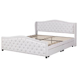 4ft6 Double Upholstered Bed – White Faux Leather Bed Frame with 2 Storage Drawers and Riveted Headboard