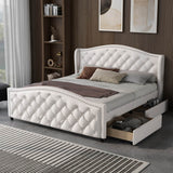 4ft6 Double Upholstered Bed – White Faux Leather Bed Frame with 2 Storage Drawers and Riveted Headboard