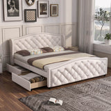 4ft6 Double Upholstered Bed – White Faux Leather Bed Frame with 2 Storage Drawers and Riveted Headboard