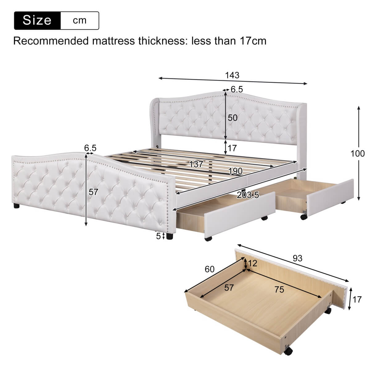 4ft6 Double Upholstered Bed – White Faux Leather Bed Frame with 2 Storage Drawers and Riveted Headboard