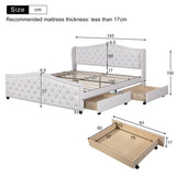 4ft6 Double Upholstered Bed – White Faux Leather Bed Frame with 2 Storage Drawers and Riveted Headboard