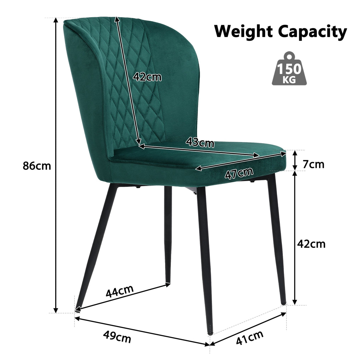 Velvet Dining Chair (2 pcs), Dark Green, Upholstered with Metal Legs