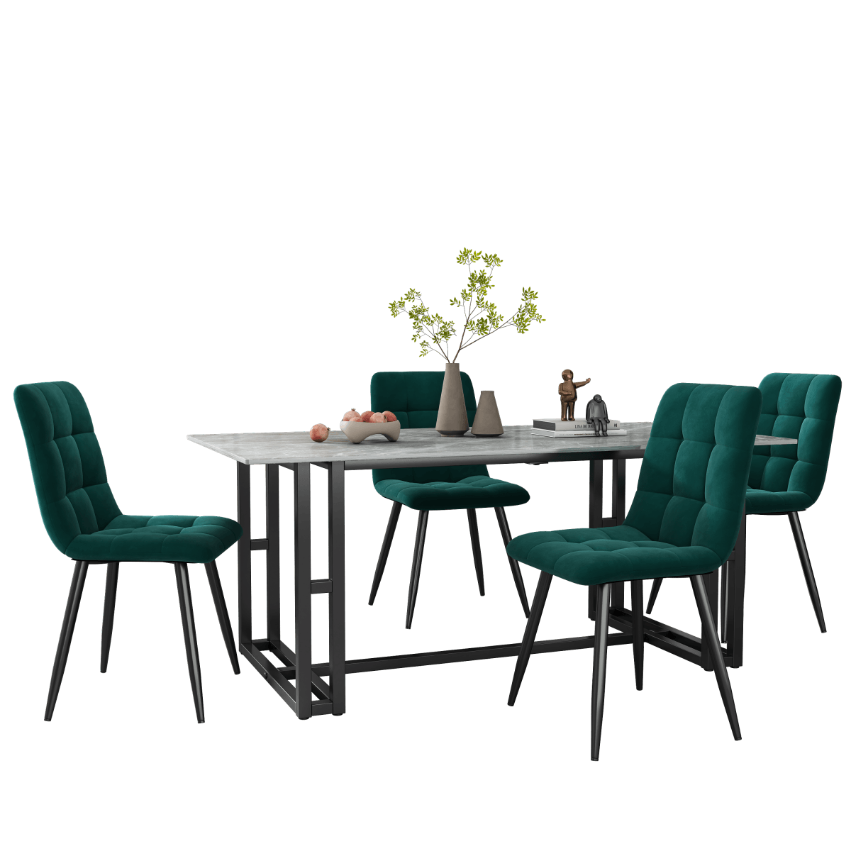 4-Piece Dark Green Velvet Dining Chairs – Upholstered Backrest, Metal Frame