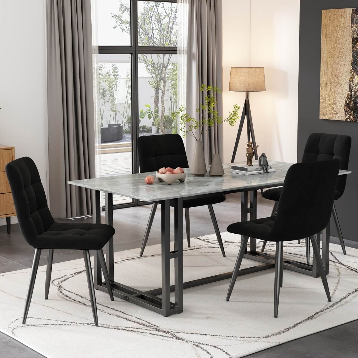 4-Piece Black Velvet Dining Chairs – Upholstered Backrest, Metal Frame