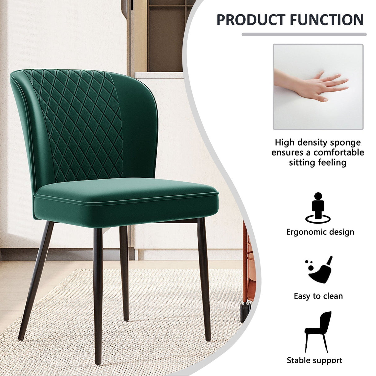Velvet Dining Chair (2 pcs), Dark Green, Upholstered with Metal Legs