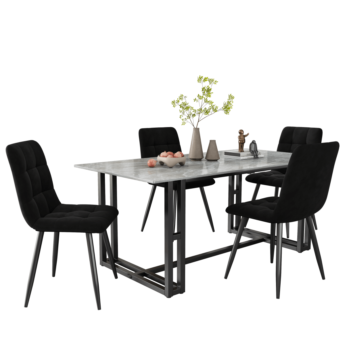 4-Piece Black Velvet Dining Chairs – Upholstered Backrest, Metal Frame