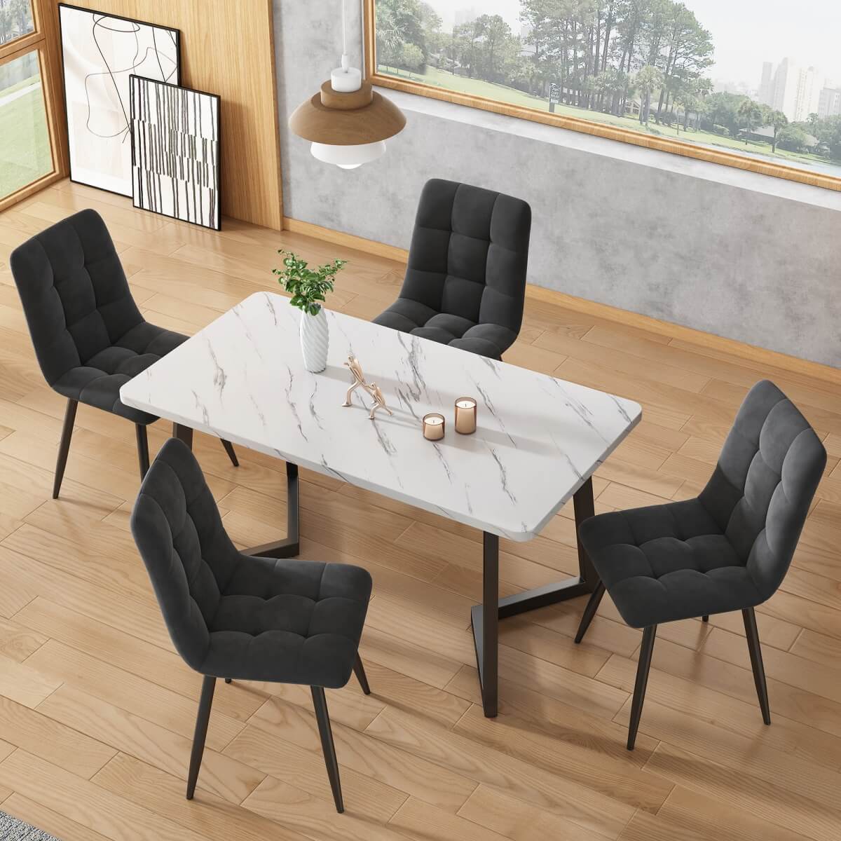 4-Piece Dark Grey Velvet Dining Chairs – Upholstered Backrest, Metal Frame