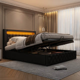 4ft6 Double Upholstered Storage Bed – PU Leather Bed Frame with Slatted Base and Colour Changing LED Lights