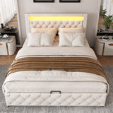 Upholstered Bed 150x200cm, Functional with Slatted Frame & Storage, LED Lighting, White PU