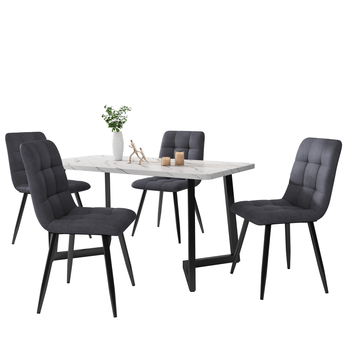 Modern Dining Set for 4 - Rectangular Black Table with Dark Grey Linen Chairs