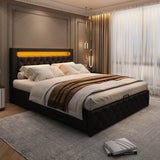4ft6 Double Upholstered Storage Bed – PU Leather Bed Frame with Slatted Base and Colour Changing LED Lights