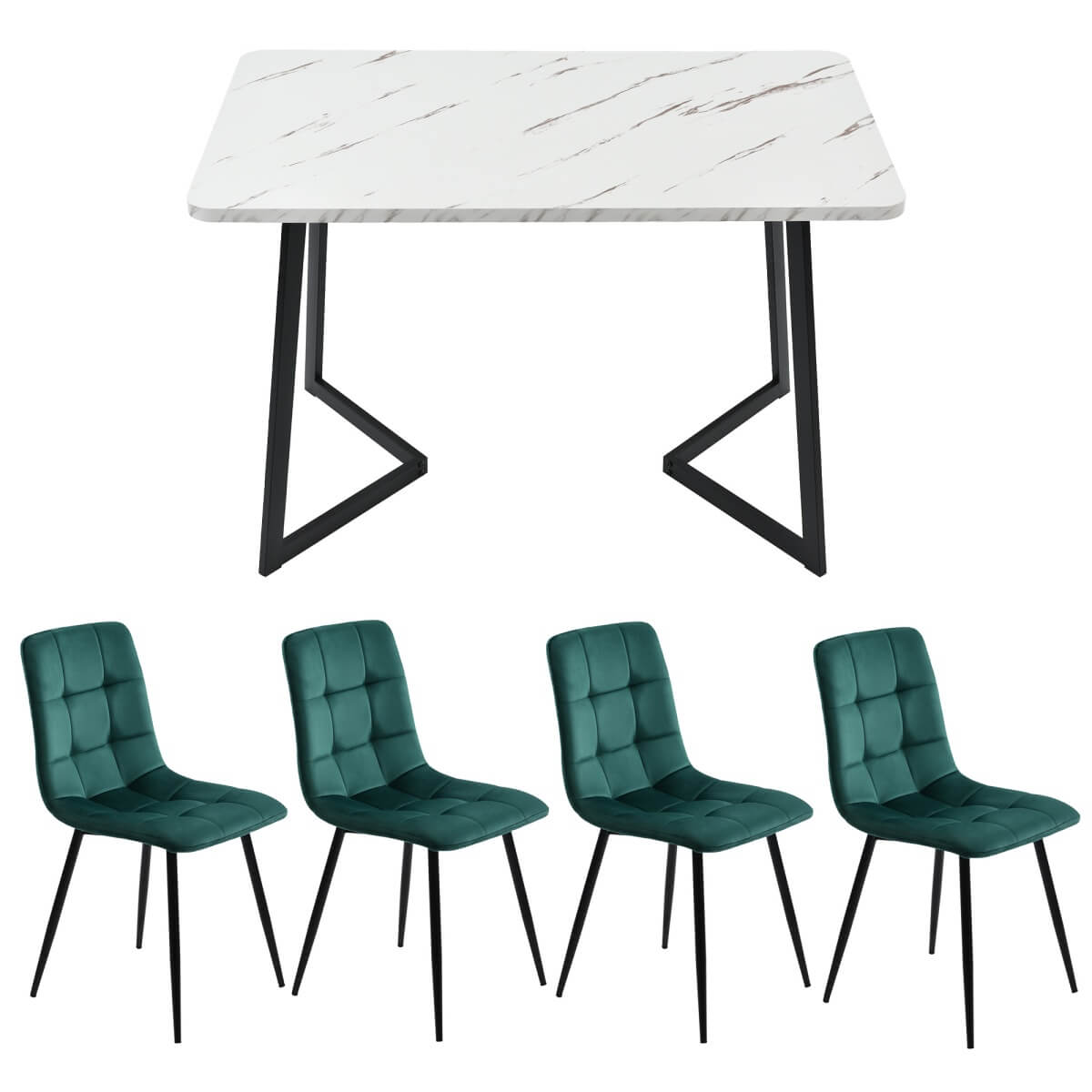 Modern Dining Set for 4 - Rectangular Black Table with Dark Green Velvet Chairs
