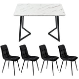 Modern Dining Set for 4 - Black Rectangular Table with Black Velvet Chairs