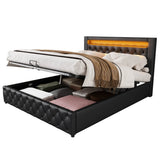 4ft6 Double Upholstered Storage Bed – PU Leather Bed Frame with Slatted Base and Colour Changing LED Lights