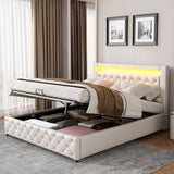 Upholstered Bed 150x200cm, Functional with Slatted Frame & Storage, LED Lighting, White PU