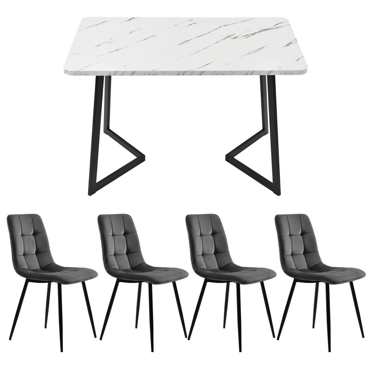 Modern Dining Set for 4 - Rectangular Black Table with Dark Grey Velvet Chairs