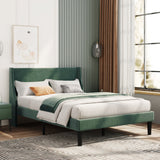 Double Bed with Winged Headboard, Dark Green Velvet, Wood Slat Support