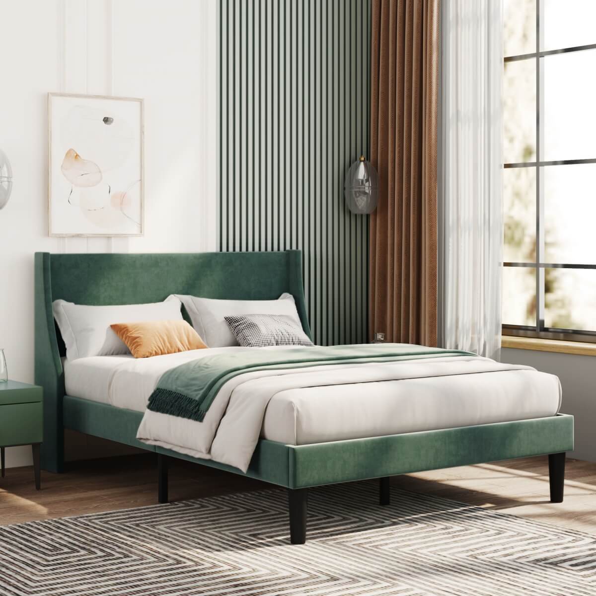 4ft6 Double Velvet Bed Frame - Winged Upholstered Headboard, Dark Green