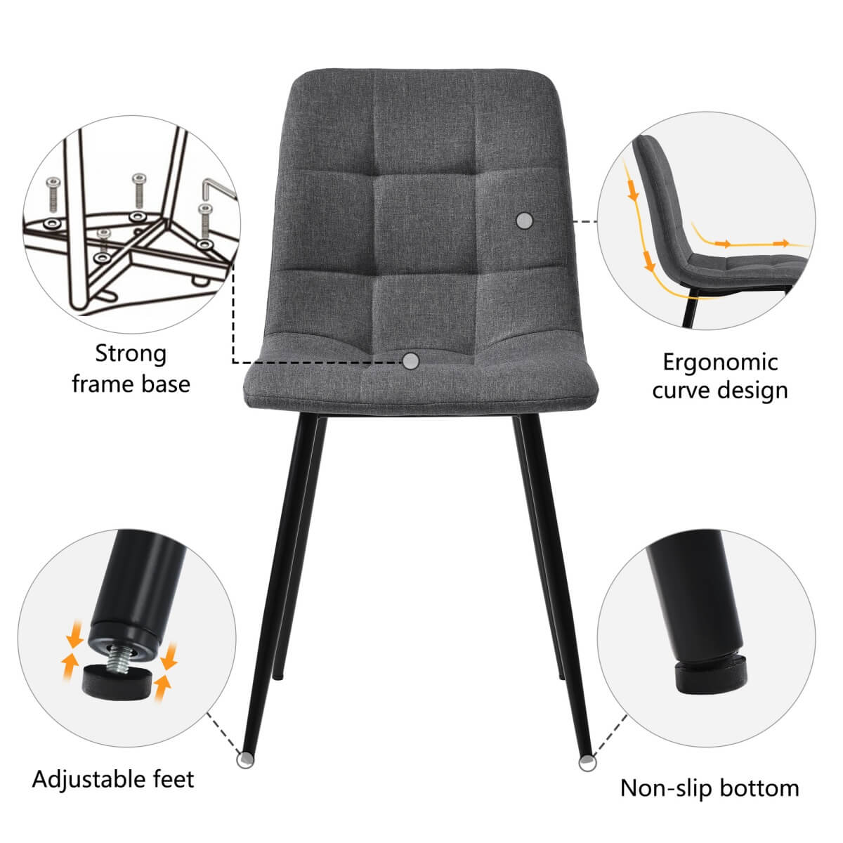 Modern Dining Set for 4 - Rectangular Black Table with Dark Grey Linen Chairs