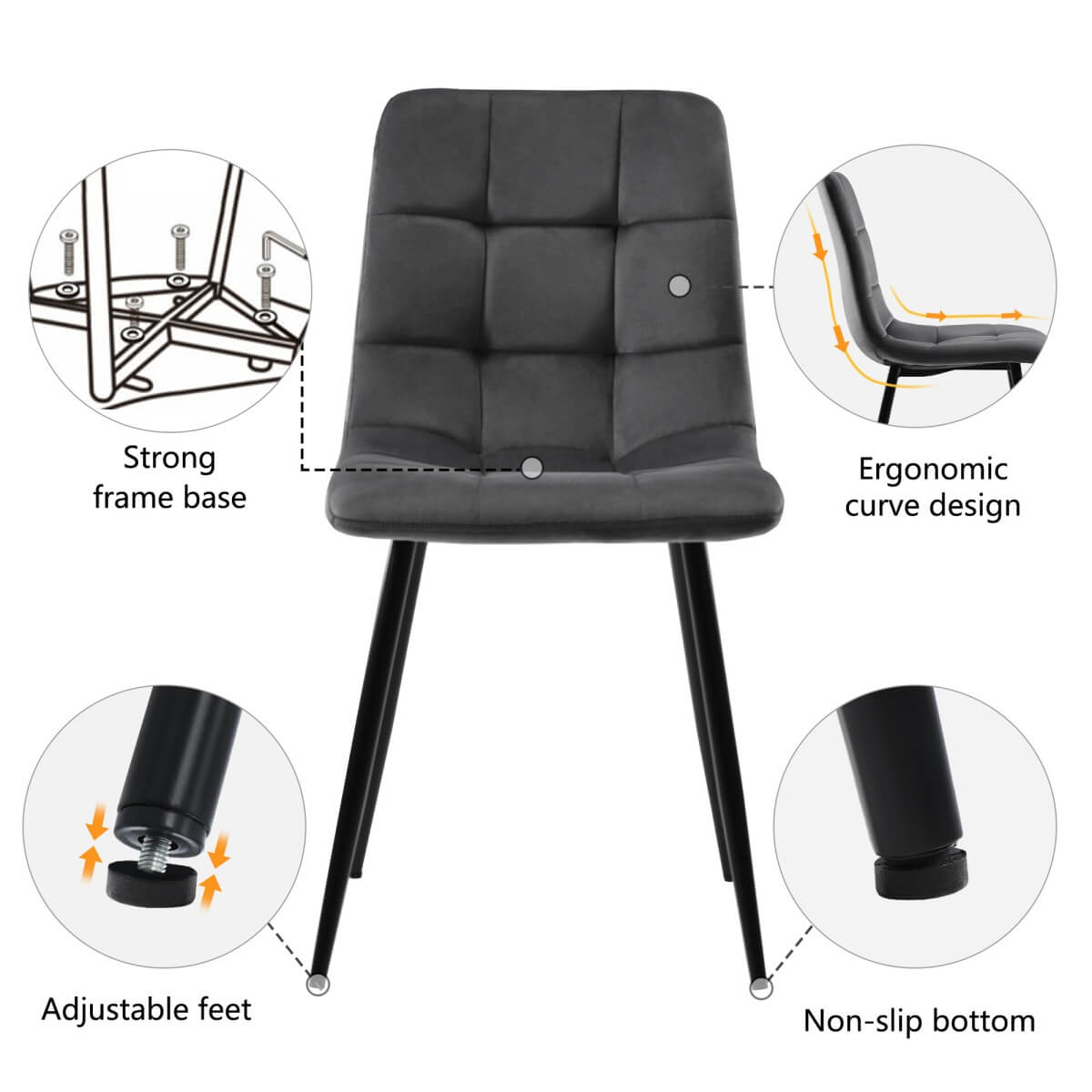 4-Piece Dark Grey Velvet Dining Chairs – Upholstered Backrest, Metal Frame