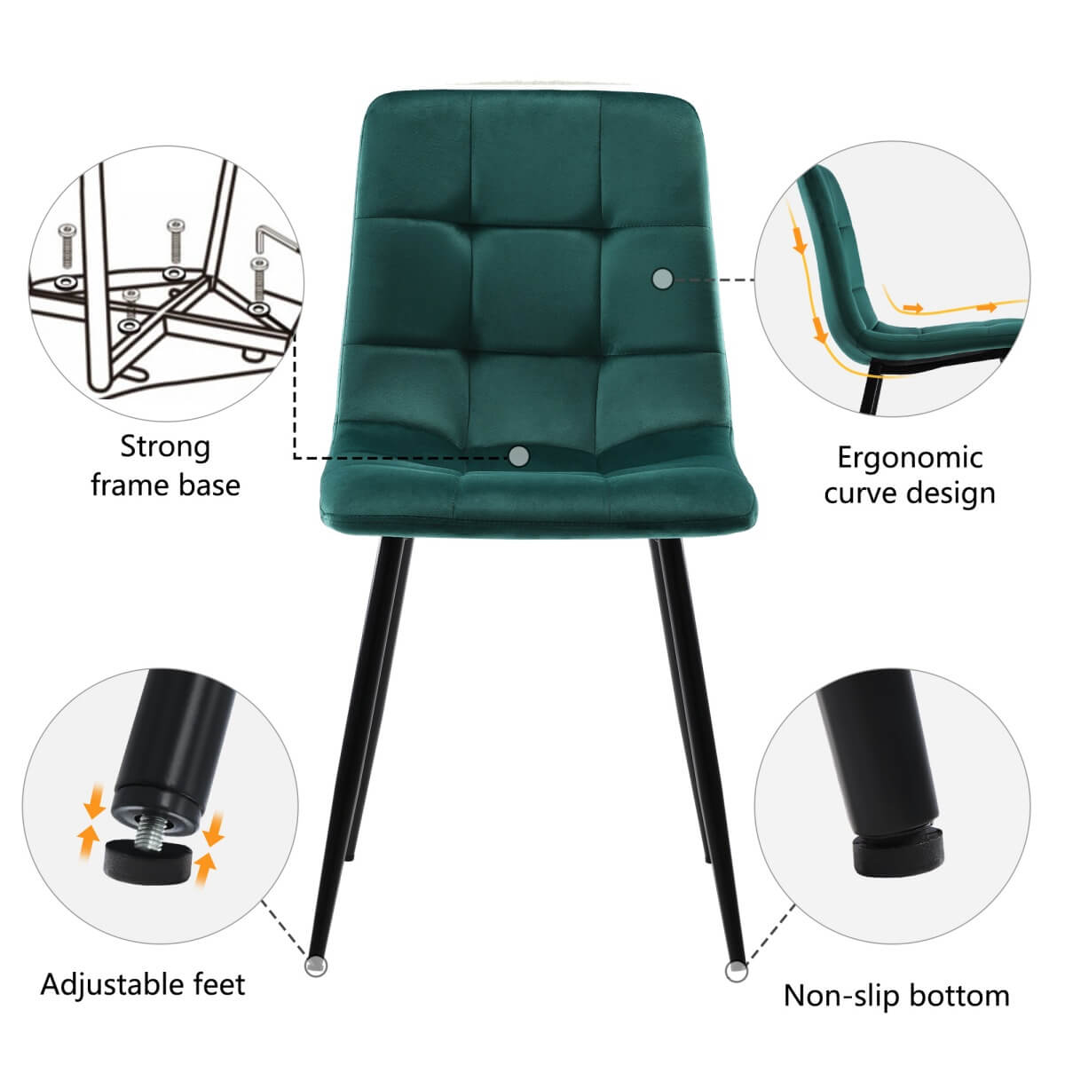 4-Piece Dark Green Velvet Dining Chairs – Upholstered Backrest, Metal Frame