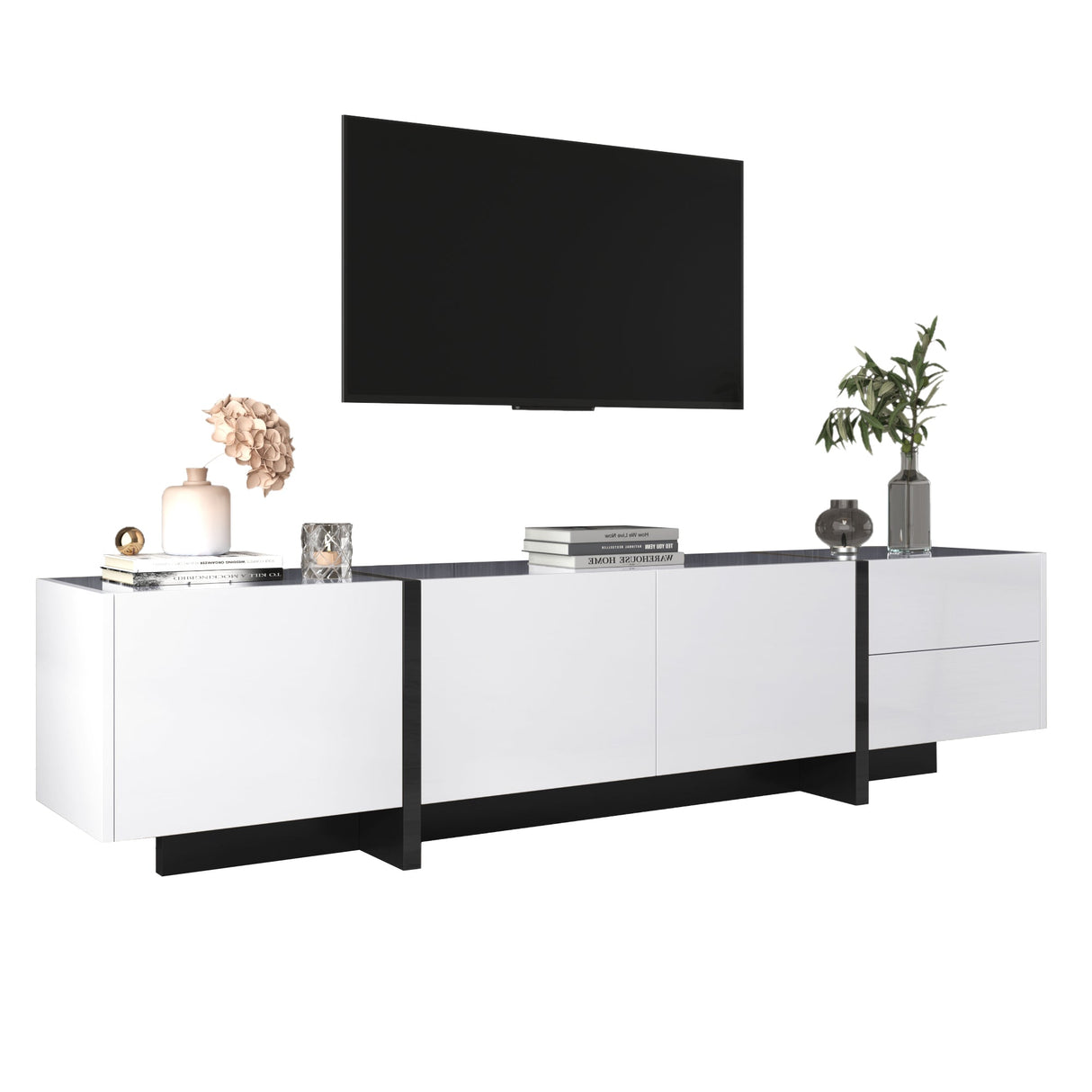 TV Cabinet, Low Panel with Colorblocked Legs, Doors & Drawers, High-Gloss White and Black