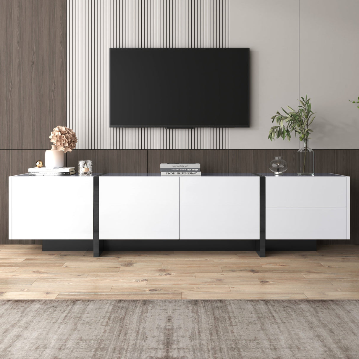 TV Cabinet, Low Panel with Colorblocked Legs, Doors & Drawers, High-Gloss White and Black