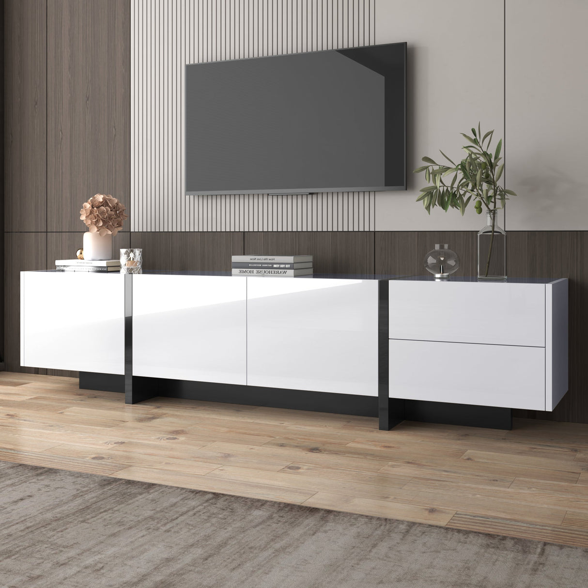 TV Cabinet, Low Panel with Colorblocked Legs, Doors & Drawers, High-Gloss White and Black