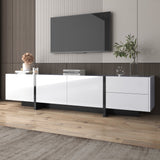 TV Cabinet, Low Panel with Colorblocked Legs, Doors & Drawers, High-Gloss White and Black