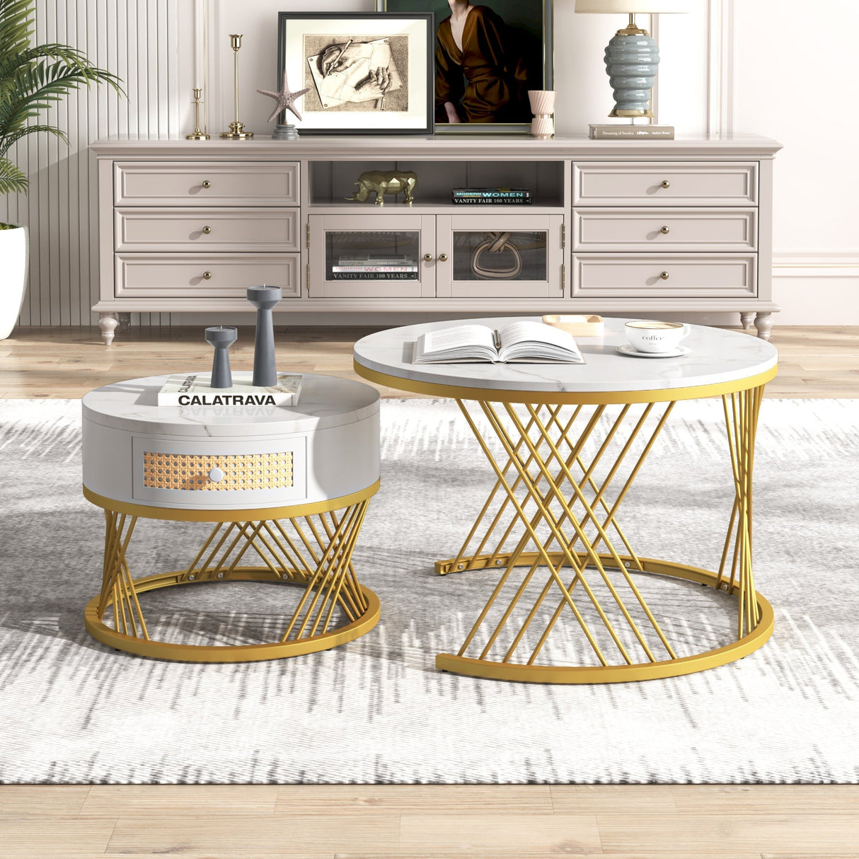 2-in-1 Round Coffee Table with Marble Grain Veneer Top, Rattan Drawers, Solid Wood Handles, and Gold Iron Legs