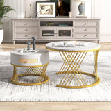 2-in-1 Round Coffee Table with Marble Grain Veneer Top, Rattan Drawers, Solid Wood Handles, and Gold Iron Legs